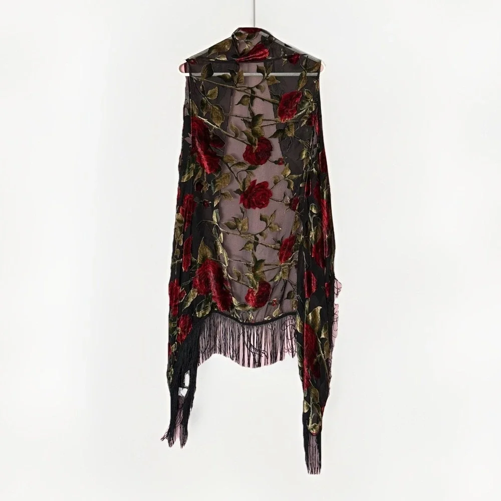 Sheer Velvet Burnout Floral Fringe Kimono Duster Black Whimsigoth Festival - Picture 4 of 6